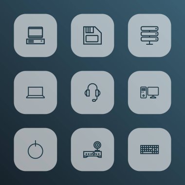 Donanım simgeleri stil klavye, kulaklık, Başlat düğmesini ve diğer datacenter öğeleri kümesi satır. İzole vektör çizim donanım simgeleri.