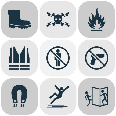 İşareti simgeleri önyükleme, Emanet yelek, güçlü manyetik alan ve diğer herhangi bir silah öğesi ile ayarlayın. İzole vektör illüstrasyon işareti simgeleri.