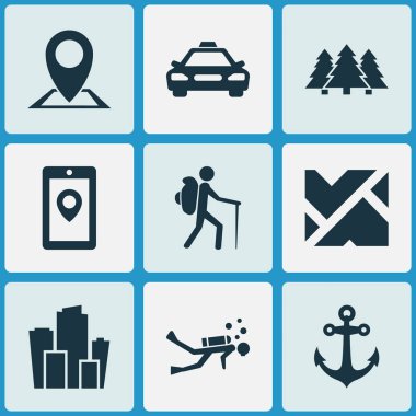 Şehir, PIN, orman ve diğer harita öğeleri ile yolculuk Icons set. İzole vektör çizim yolculuk simgeler.