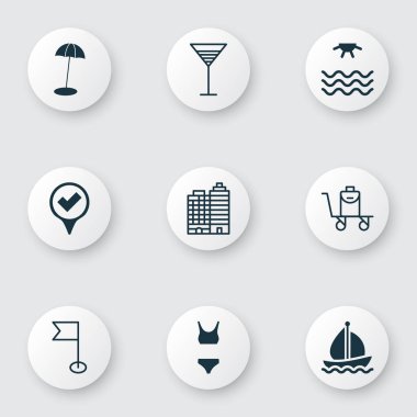 Turizm simgeler öğeleri bayrak, bikini, tekne ve diğer kontrol işaretçisi ayarlayın. İzole vektör çizim Turizm simgeler.