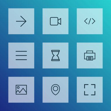 Kullanıcı simgeleri stil harita PIN, resim, program ve diğer kod öğeleri kümesi satır. İzole vektör çizim Kullanıcı simgeleri.