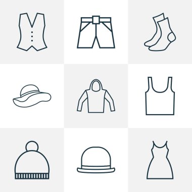 Elbise simgeler çizgi stili iç çamaşırı, panama, elbise ve diğer panama ile öğeleri ayarlayın. İzole vektör çizim elbise simgeler.