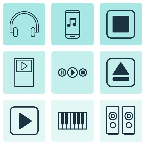 Icone audio impostate con musica stop, applicazione musicale, sintetizzatore e altri elementi del lettore. Isolate icone audio vettoriali illustrazione . — Vettoriale Stock