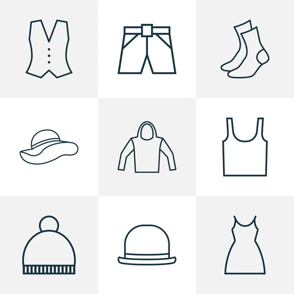 Styl čáry šaty ikony sada s spodní prádlo, panama, šaty a jiné panama prvky. Izolované vektorové ilustrace šaty ikony. — Stockový vektor