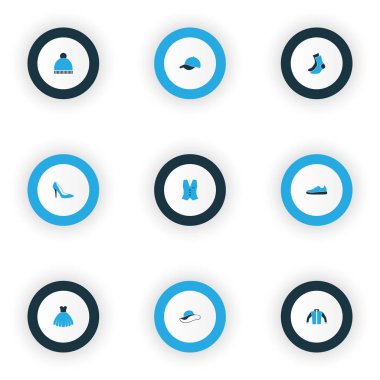 Elbise, panama, Külotlu ve diğer beanie öğeleri kümesiyle simgeler renkli elbise. İzole vektör çizim elbise simgeler.