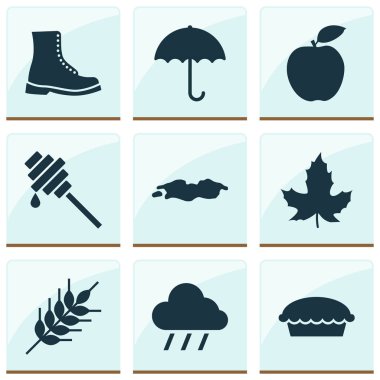 Sezon Icons set ile meyve, su birikintisi, elmalı turta ve diğer tahıl öğeleri ile. İzole vektör çizim sezon simgeler.
