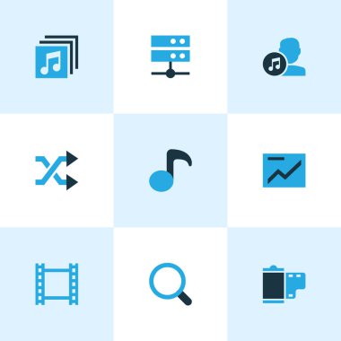Medya Icons set albüm, sanatçı, sunum ve diğer grafik öğelerini ile renkli. İzole vektör çizim medya simgeler.