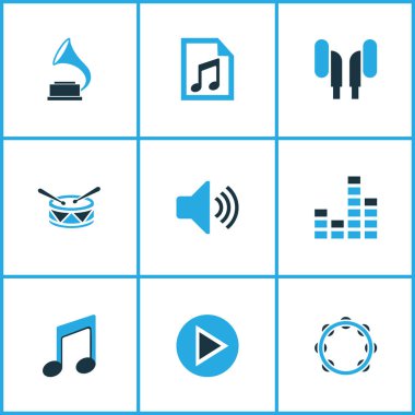 Müzik simgeler kümesi ile ses, kulaklık, dosya ve diğer gramofon öğeleri renkli. İzole vektör illüstrasyon müzik simgeleri.