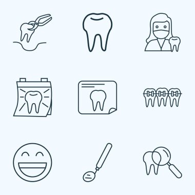 Diş simgeler çizgi stili diş çekimi, diş hekimi gün, diş röntgen ve diğer doktor öğeleri ile ayarlayın. İzole vektör çizim diş simgeler.