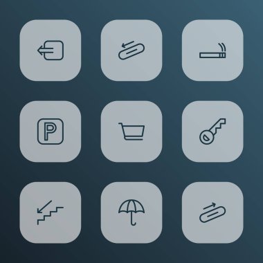 Genel simgeler anahtar, Park işareti, adımları ile ayarlanan stil ve diğer şemsiye öğelerini satır. İzole vektör çizim genel simgeler.