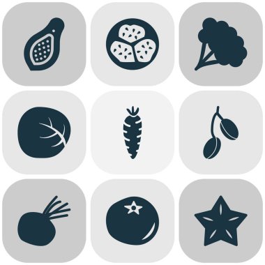 Meyve simgeler pancar, papaya, kızamık ve diğer karnabahar öğeleri ile ayarlayın. İzole vektör çizim meyve simgeler.