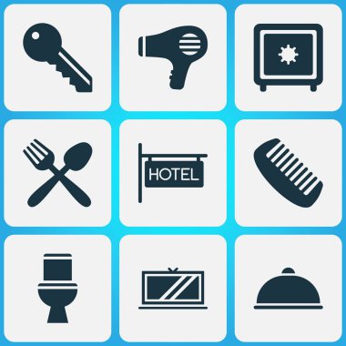 Otel simgeler otel işareti, anahtar, saç kurutma makinesi ve diğer restoran öğeleri ile ayarlayın. İzole vektör çizim otel simgeler.