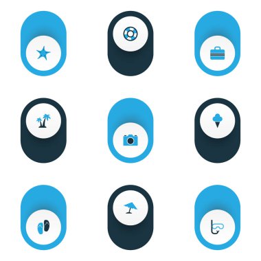 Güneş simgeler kümesi hayatımı kurtardın, sorbe, plaj sandalet kamera öğeleri ile renkli. İzole vektör çizim güneş simgeler.