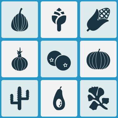 Sebze simgeler yaban mersini, tazelik, kaktüs ve diğer bitki elemanları ile ayarlayın. İzole vektör çizim sebze simgeler.