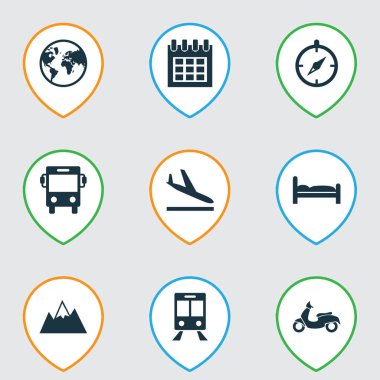 Dünya, tren, takvim ve diğer bağlama öğeleri ile yolculuk Icons set. İzole vektör çizim yolculuk simgeler.