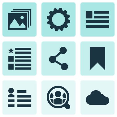 Internet simgeleri payı, sosyal sayfa, fotoğraf ve diğer öğelere bayrak atamak ile ayarlayın. İzole vektör çizim Internet simgeleri.