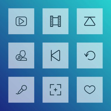 Multimedya simgeler çizgi stili ile başlar, favori, video ve diğer oyun elemanları. İzole vektör çizim multimedya simgeler.