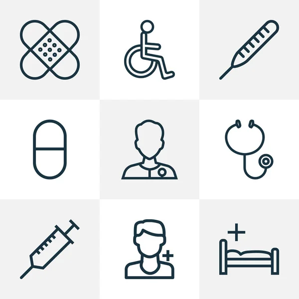 Drogen ikoner linjeformat set med spruta, handikappade man, läkare läkare element. Isolerade vektor illustration drog ikoner. — Stock vektor