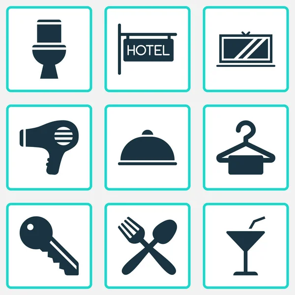 Cestovní ikony závěs, WC, jídlo a další prvky utěrkou. Izolované vektorové ilustrace cestování ikony. — Stockový vektor