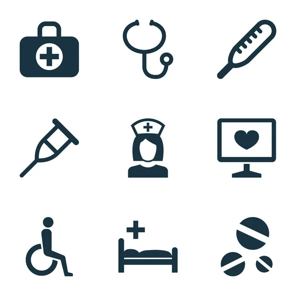 Antibiotic icons set with body check, drug, aid and other review elements. Isolated vector illustration antibiotic icons. — Stock Vector