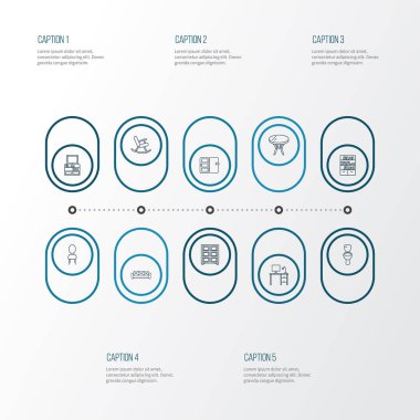 Dekor simgeler stil ile raf ünitesi, kapı, sallanan sandalye ve diğer raf öğeleri kümesi satır. İzole vektör çizim dekor simgeler.