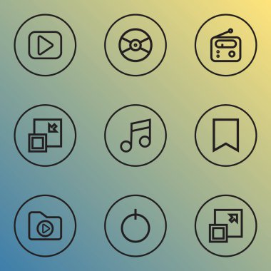 Müzik simgeleri ile çizgi stilini ayarla en aza indirmek, vinil, dosya ve diğer müzik notu öğeleri. İzole vektör illüstrasyon müzik simgeleri.