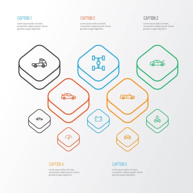 Otomobil simgeler stil dingil mesafesi, spor otomatik, hız ve diğer akümülatör elemanları kümesi satır. İzole vektör çizim otomobil simgeler.