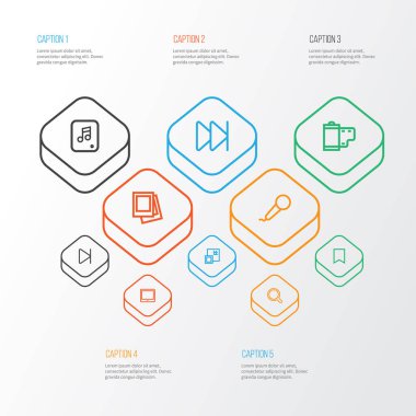 Müzik simgeleri stil film, arama, Galeri ve ileri diğer öğeleri kümesi satır. İzole vektör illüstrasyon müzik simgeleri.