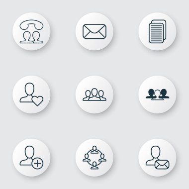 Sosyal simgeler ile konuşan kişi, takım, iletişim ve diğer takım organizasyon öğeleri ayarlayın. İzole vektör çizim sosyal simgeler.