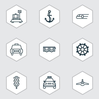 Savaş uçakları, araba araç, taşıma ve diğer taksi öğeleri ile teslim Icons set. İzole vektör çizim teslim simgeler.