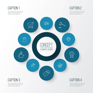 Ticaret simgeler stil alışveriş sepeti, kamyon, kalite ve diğer piyasa öğeleri kümesi satır. İzole vektör çizim ticaret simgeler.