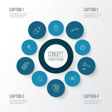 Ticaret simgeler stil açık artırma, ödeme seçeneği, 24 saat hizmet ve diğer online alışveriş öğeleri kümesi satır. İzole vektör çizim ticaret simgeler.