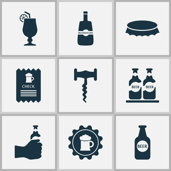 Conjunto de iconos de bebidas con sacacorchos, tapón de botella, whisky y otros elementos de cerveza. Iconos de bebidas de ilustración vectorial aislado . — Archivo Imágenes Vectoriales