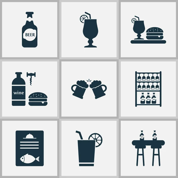 Alkohol ikoner set med glas, middag, flaska öl och andra gourmet element. Isolerade vektor illustration alkohol ikoner. — Stock vektor