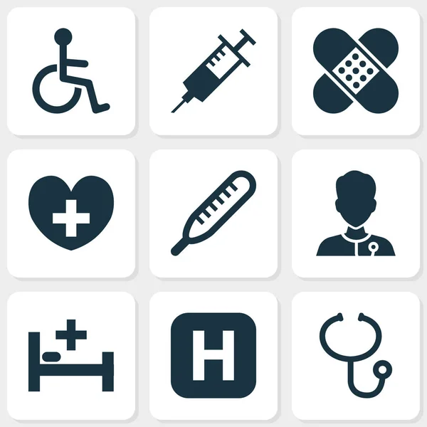 Лекарственные иконки с проверкой тела, медиком, постельным бельем и другими элементами обзора. Изолированные векторные иконки лекарств . — стоковый вектор