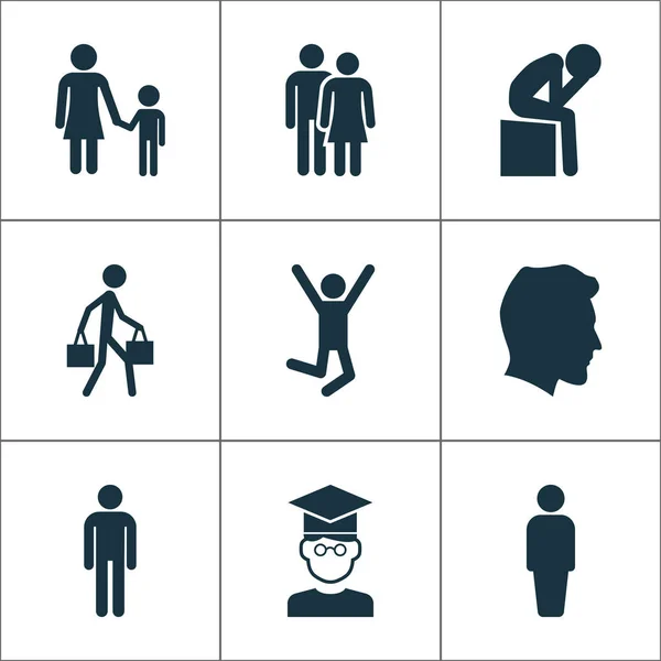 Iconos humanos con hombres, parejas, usuarios y otros elementos queridos. Iconografía vectorial aislada iconos humanos . — Vector de stock