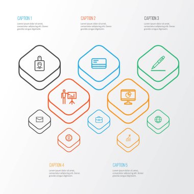 İş ikonları/simgeleri stil kümesi ile adam ve diğer tanımlama öğeleri sunma ödeme, zarf, hatta. İzole vektör illüstrasyon iş ikonları/simgeleri.
