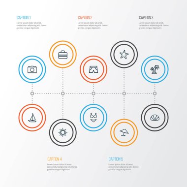 Güneş simgeler stil ile ada, şort kümesi satır, deniz yıldızı öğeleri gemi. İzole vektör çizim güneş simgeler.