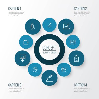 İş simgeleri stil iş adam, cüzdan, Diyagram ve diğer beyaz tahta öğeleri kümesi satır. İzole vektör illüstrasyon iş simgeleri.