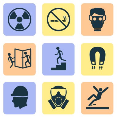 Icons set zehirli gaz ile imzalamak, kapı, şapka ve diğer elektromanyetik öğeleri açma dikkatli olun. İzole vektör illüstrasyon işareti simgeleri.