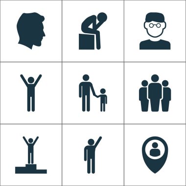 Kişi Icons set ile depresyon, sevinçli, öğrenci ve diğer konum öğeleri ile. İzole vektör illüstrasyon kişi simgeler.