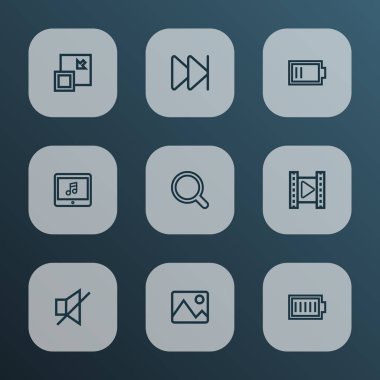 Müzik simgeleri stil kümesi ücret, arama, sonraki ve diğer sessiz öğeleri satır. İzole vektör illüstrasyon müzik simgeleri.