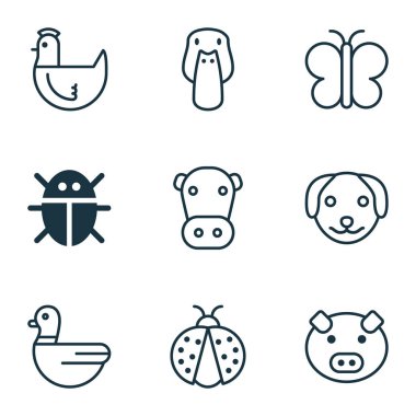 Doğa simgeler inek, domuz, ördek ve diğer tavuk öğeleri ile ayarlayın. İzole vektör çizim doğa simgeler.