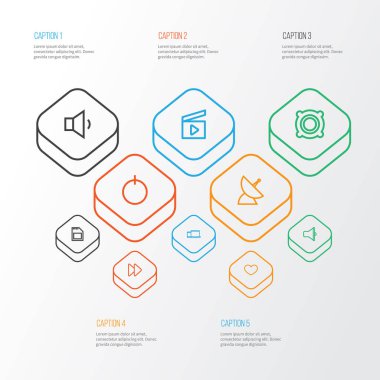 Müzik simgeleri stil hızlı ileri, gadget, hoparlör ve diğer megafon öğeleri kümesi satır. İzole vektör illüstrasyon müzik simgeleri.