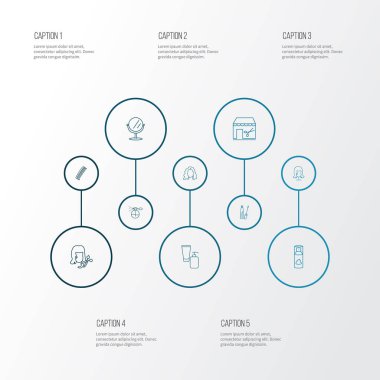 Berber simgeler stil ayna, saç kesimi, güzellik ürünü ve diğer koku öğeleri kümesi satır. İzole vektör çizim berber simgeler.