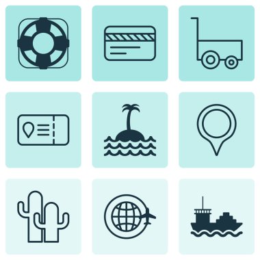 Simgeler koymak belirlemekte, lifebuoy, ada işaret elemanları ile seyahat. İzole vektör illüstrasyon seyahat simgeler.