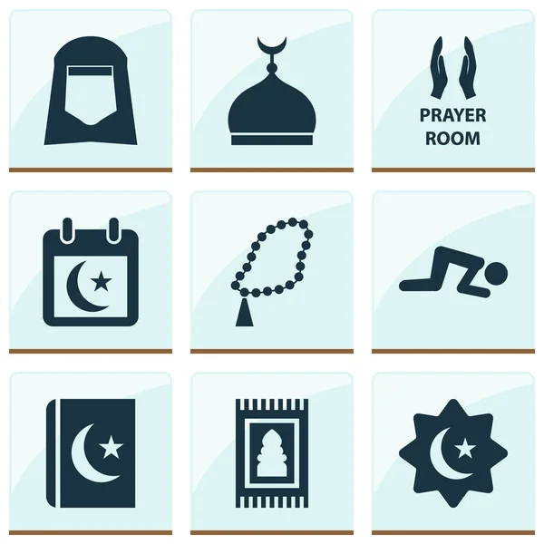 Рамадан иконы набор с комнатой, минарет, четки и другие элементы бусины. Изолированные векторные иконки рамадана . — стоковый вектор