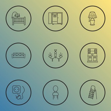 Dekor simgeler stil kanepe, bir merdiven, koltuk ve diğer aydınlatma elemanları kümesi satır. İzole vektör çizim dekor simgeler.