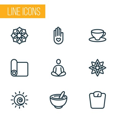 Meditasyon kutsal kişilerin resmi çizgi stili mandala, çiçek, meditasyon halı öğeleri ayarlayın. İzole vektör çizim meditasyon kutsal kişilerin resmi.