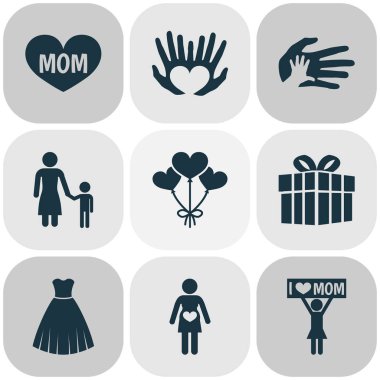 Anneler günü simgesi tasarım konsepti. Duyuru, mevcut ve elbise 9 gibi öğeleri kümesi. Kalp, palmiye ve el için güzel sembolleri.